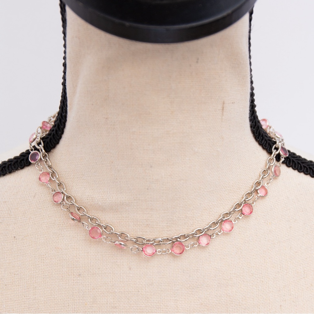 Choker necklace station necklace look silver tone &  pink stones by Mixit unique